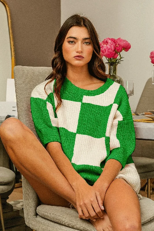 Exclusive Savings BiBi Checkered Contrast Round Neck Sweater