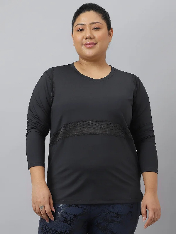 Year-End Sale Fitkin Plus Size Black Anti-Odor Mesh Panel Longsleeve Tshirt