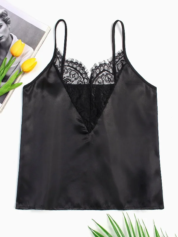Instant Discount Custom Deep V Neck Lace Black Camis
