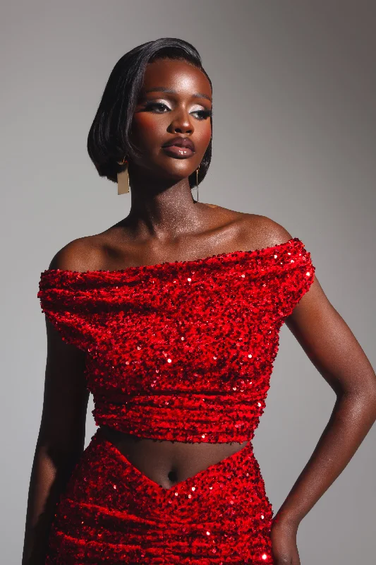 Weekend Discounts to Snag JESS Sequin Cowl Crop Top in RUBY