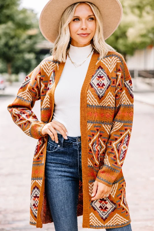 Hurry Up Time Moves On Rust Orange Aztec Cardigan
