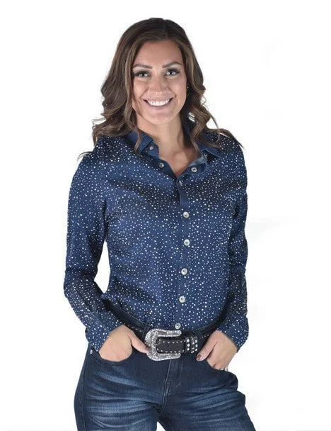 Weekend Offers That Please Cowgirl Tuff Womens Dot Crystal Dark Wash Lyocell L/S Shirt