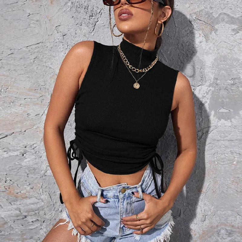 Unwind with Weekend Discounts Drawstring Design High Neck Sleeveless Knitted Wholesale Crop Tops Unwind with Weekend Discounts Drawstring Design High Neck Sleeveless Knitted Wholesale Crop Tops