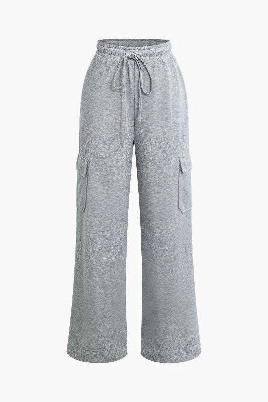 Time-Limited Offer Solid Tie Front Shirred Waistband Pocket Drawstring Trousers
