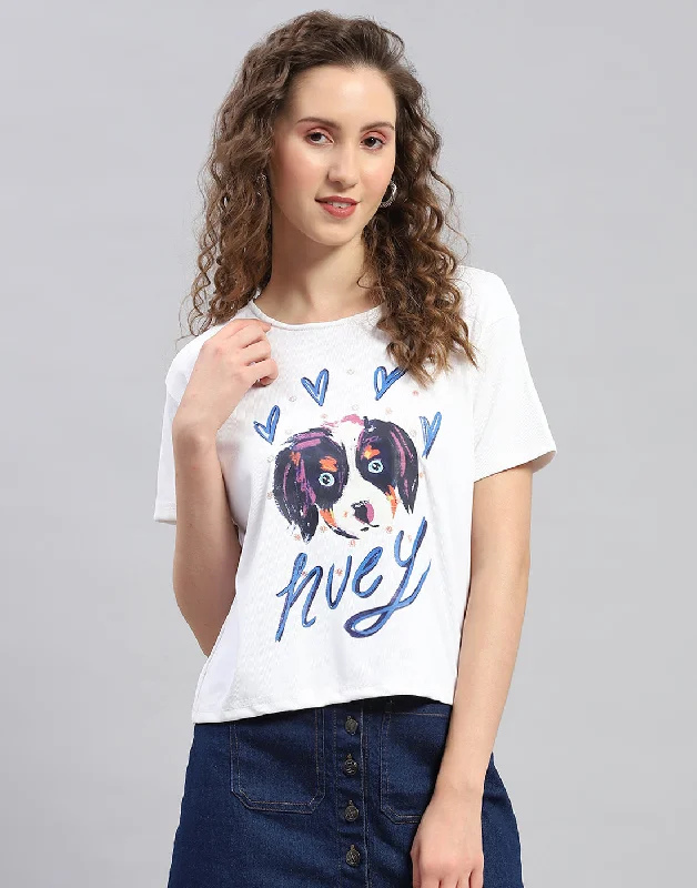 Now Available Women White Printed Round Neck Half Sleeve Top