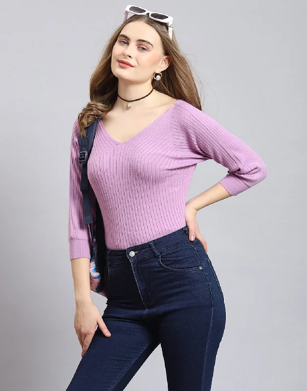 Lowest Prices Women Purple Solid V Neck 3/4 Sleeve Top