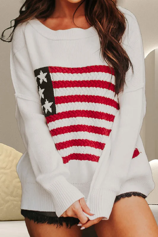 Deal Dash US Flag Round Neck Long Sleeve Knit Top