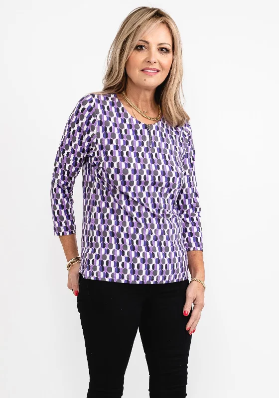 Weekend Offers That Sizzle Rabe Circle Print Zip Neck Top, Purple Multi