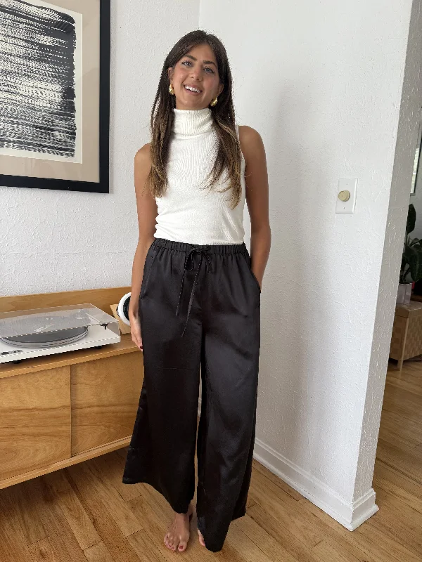 Weekend Savings Bonanza Gemma Satin Wide Leg Drawstring Pants (Black)