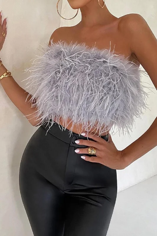 Weekend Specials to Relish Solid Fuzzy Strapless Crop Top