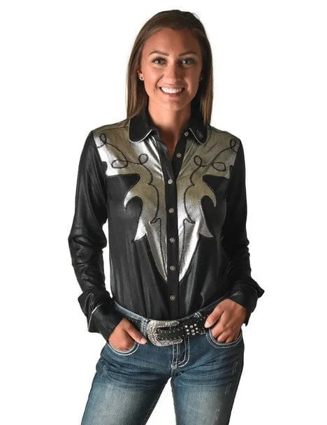 Weekend Bargains to Love Cowgirl Tuff Womens Western Metallic Black/Silver Polyester L/S Shirt