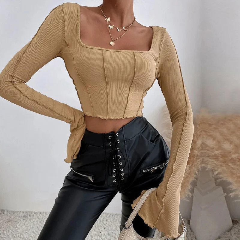 Weekend Specials to Delight Square Neck Solid Color Close Fitting Wholesale Crop Tops Fashion