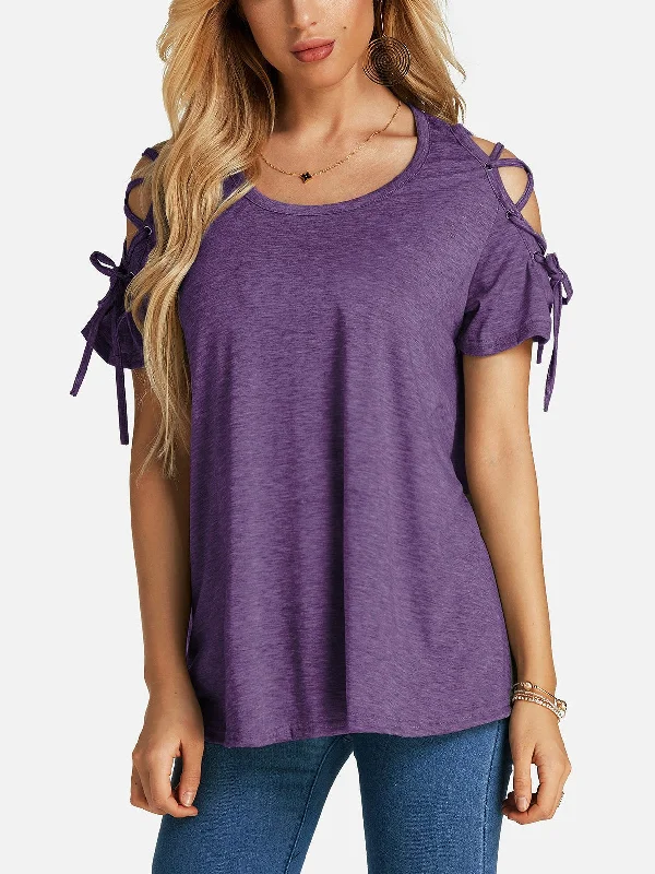 Early Bird Discount OEM ODM Round Neck Lace-Up Short Sleeve Purple T-Shirts