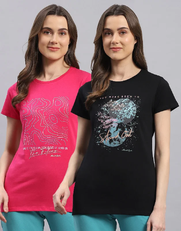 Final Sale Women Black & Pink Printed Round Neck Half Sleeve Top 2 Pc Set