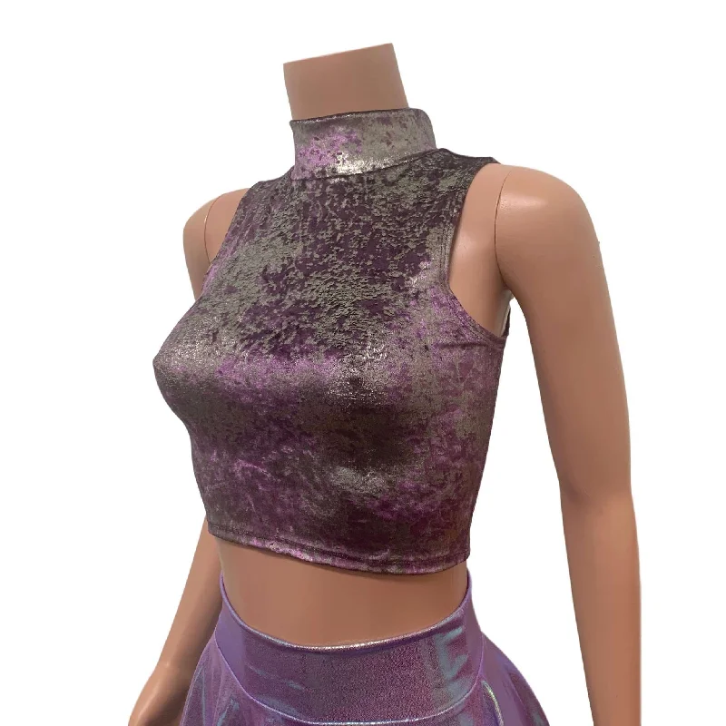 Weekend Bargains to Sizzle Mock Turtleneck Crop Tank Top - Plum/Gunmetal Gilded Velvet Weekend Bargains to Sizzle Mock Turtleneck Crop Tank Top - Plum/Gunmetal Gilded Velvet