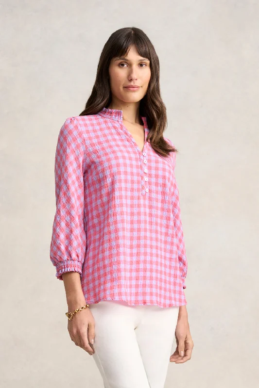 Closeout Cotton Gingham Blouse - Lilac & Coral Gingham