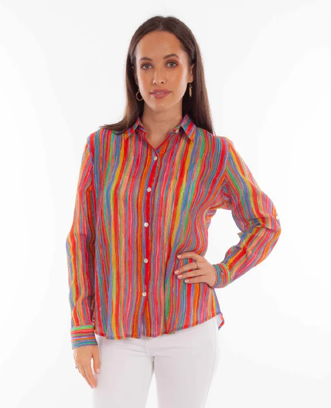 Hurry In Scully Womens Rainbow Stripe Multi-Color Rayon L/S Blouse