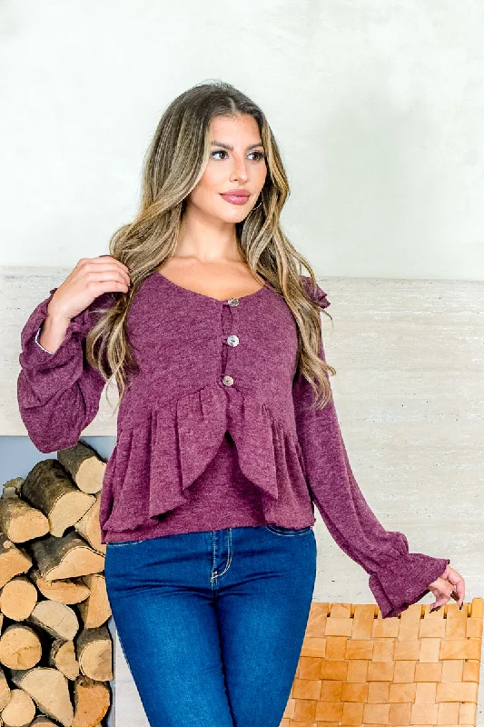 Weekend Deals That Impress 2 Piece Top - Spaghetti Strap Tank & Button Front V Neck Peplum Sweater with Bell Cuffed Long Sleeve in Wine (5652A-K38) Weekend Deals That Impress 2 Piece Top - Spaghetti Strap Tank & Button Front V Neck Peplum Sweater with Bell Cuffed Long Sleeve in Wine (5652A-K38)
