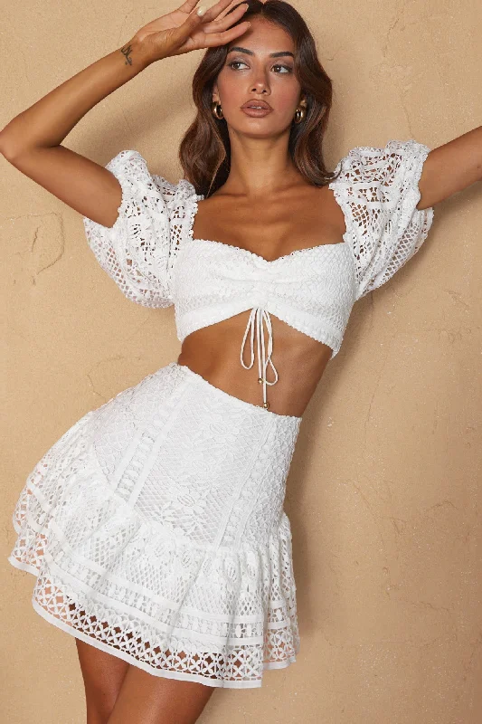 Savings Soar This Weekend Daydreamer Puff Sleeve Drawstring Bust Lace Crop Top White