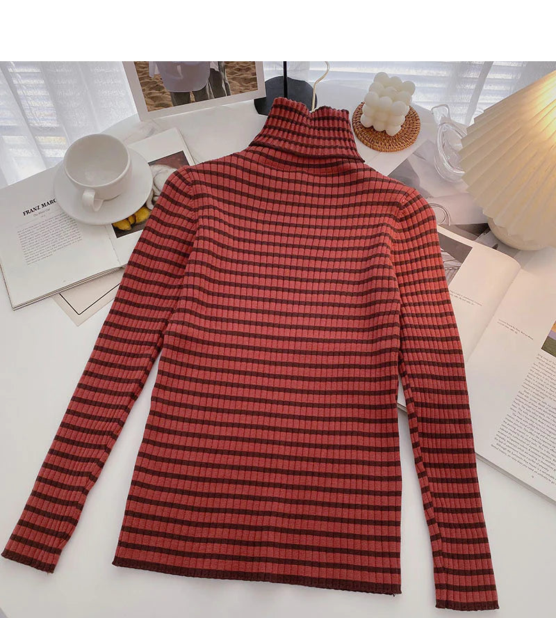 Weekend Savings Sensation High neck stripe bottomed long sleeve top popular sweater       S2526