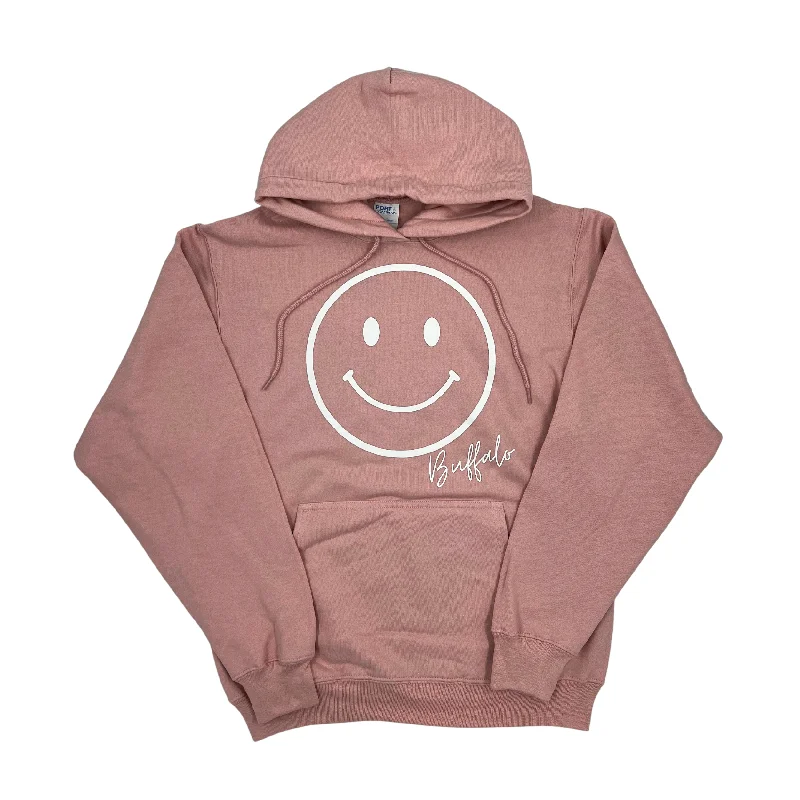 Weekend Shopping Made Better Smiley Face With Buffalo Wordmark Pale Blush Hoodie