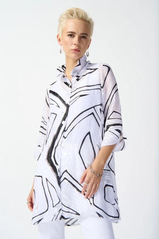 Lowest Price Joseph Ribkoff White/Black Abstract Print Button Front Organza Blouse 242171