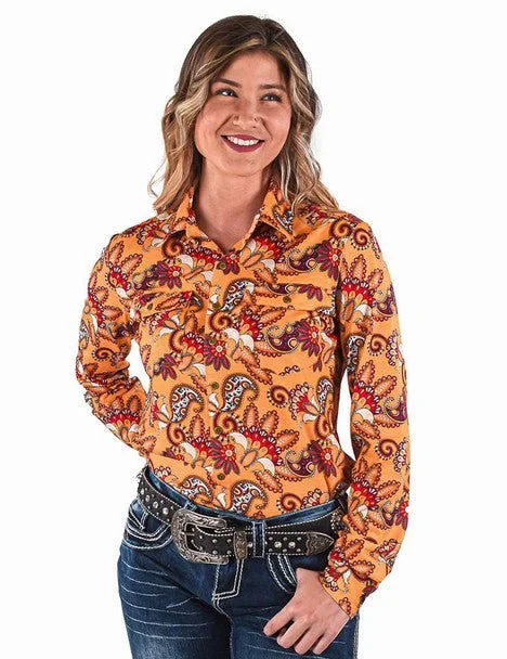 Year-End Clearance Cowgirl Tuff Womens Paisley Button Up Gold Poly/Spandex L/S Blouse Year-End Clearance Cowgirl Tuff Womens Paisley Button Up Gold Poly/Spandex L/S Blouse