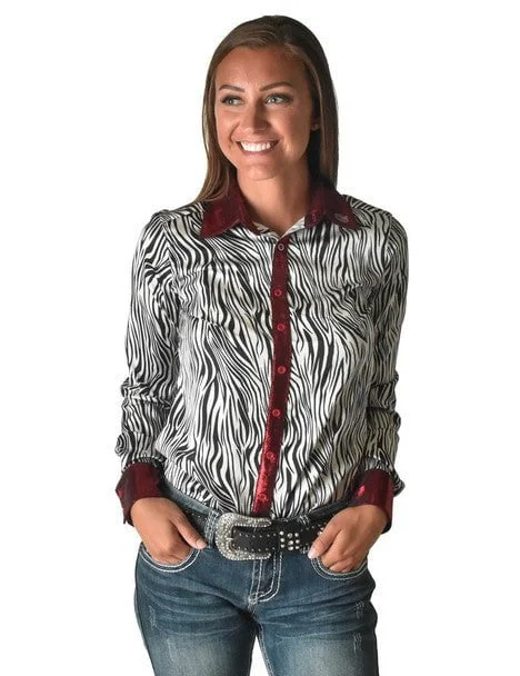 Weekend Savings Bonanza Cowgirl Tuff Womens Zebra Metallic Black/White Polyester L/S Shirt