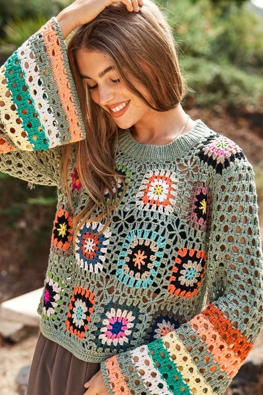 Special Discount Floral Crochet Striped Sleeve Cropped Knit Sweater