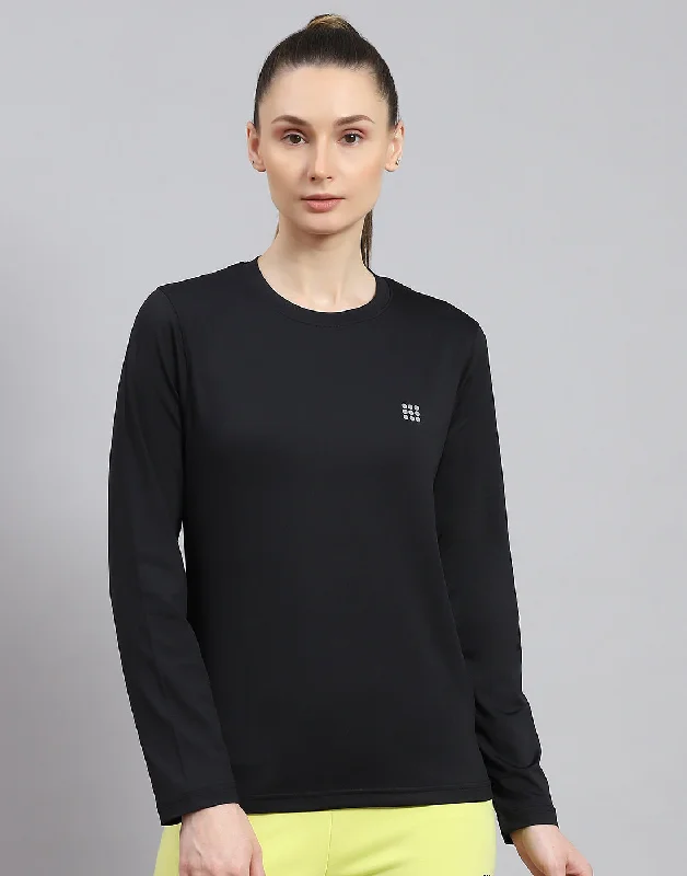 Quick Deals Women Black Solid Round Neck Full Sleeve Top