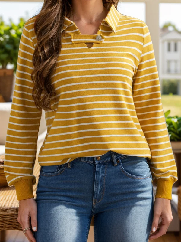 Weekend Flash Sale Striped Johnny Collar Long Sleeve T-Shirt
