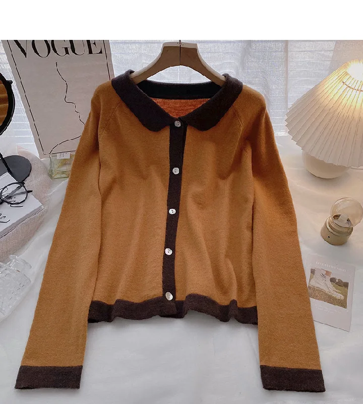 Time-Limited Offer Contrast single breasted long sleeve T-shirt  6649