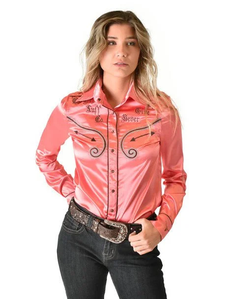 Weekend Specials Just for You Cowgirl Tuff Womens Brown Satin Western Coral Nylon L/S Shirt