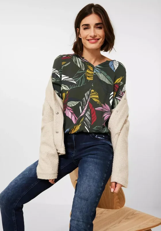 Super Bargain Cecil Multi Colour Leaf Print Blouse, Khaki