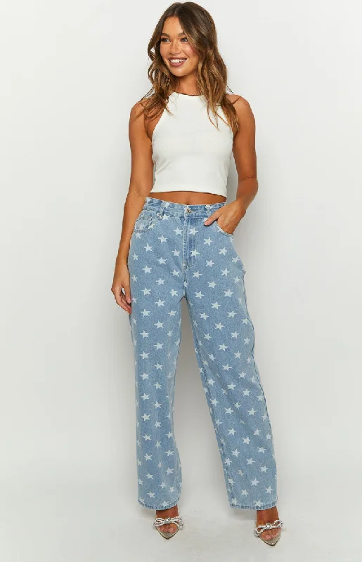 Your Weekend, Your Savings Eli Star Print Mid Wash Wide Leg Denim Jeans