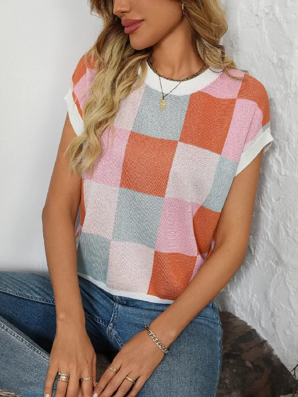 Daily Deals Mandy Checkered Round Neck Cap Sleeve Knit Top