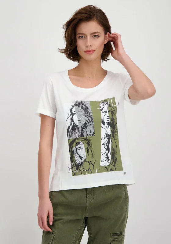 Bonus Savings Monari Rhinestone Model Graphic T-Shirt, White & Olive Green