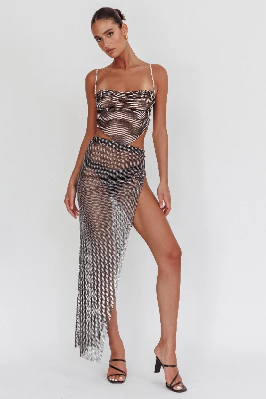 Unmissable Sale Heart Breaker Diamante Mesh Maxi Skirt Black