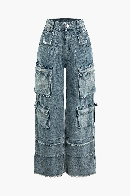 Early Bird Discount Frayed  Pocket Cargo Wide Leg Jeans