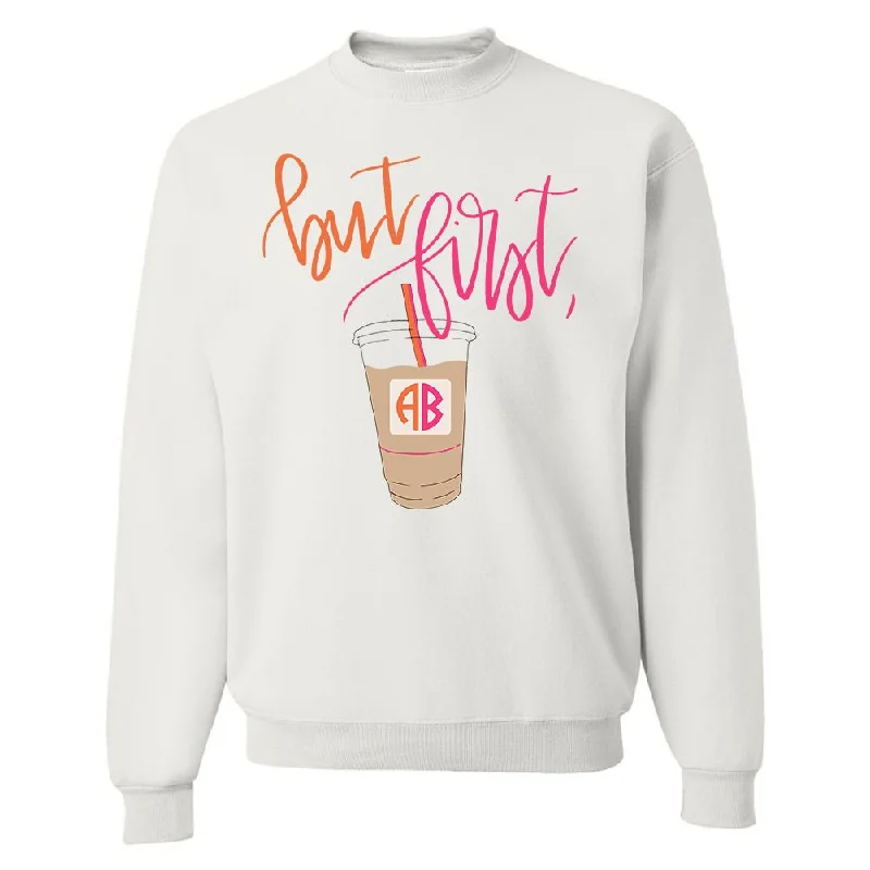 Closeout Sale Monogrammed 'But First, Iced Coffee' Crewneck Sweatshirt