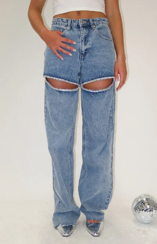 Best Seller Gem Diamante Trim Wide Leg Denim Jeans
