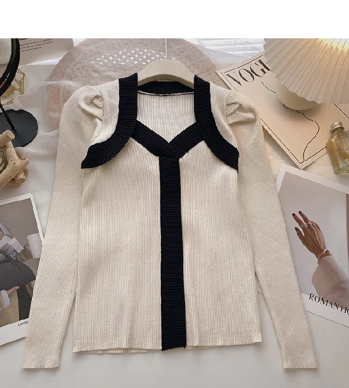 Unmissable Offer French square neck contrast thin long sleeve sweater  6625