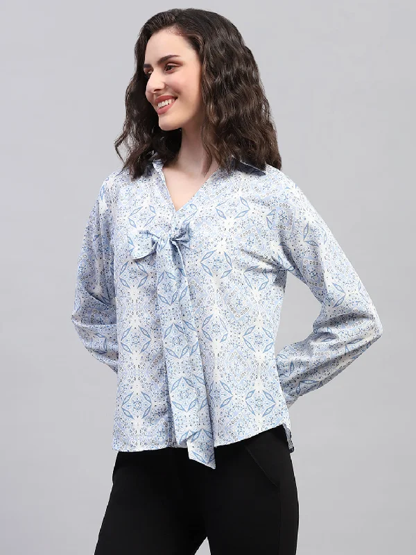Time-Limited Offer Women Blue Printed Collar Full Sleeve Top