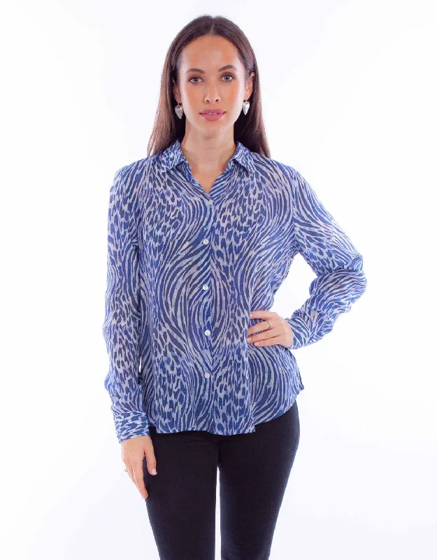 Midnight Madness Scully Womens Animal Print Blue Rayon L/S Blouse
