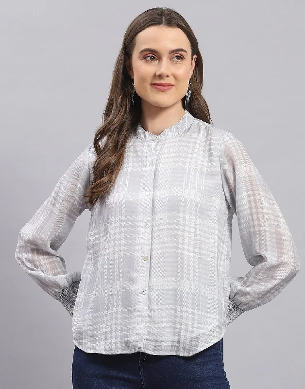 Instant Discount Women Grey Check Mandarin Collar Full Sleeve Top