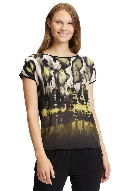 Shop and Save Betty Barclay Cap Sleeve Blur Print Top, Black & Green