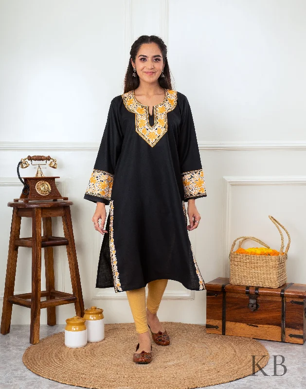 Instant Deal Black Marigold Aari Embroidered Cotton Kurti