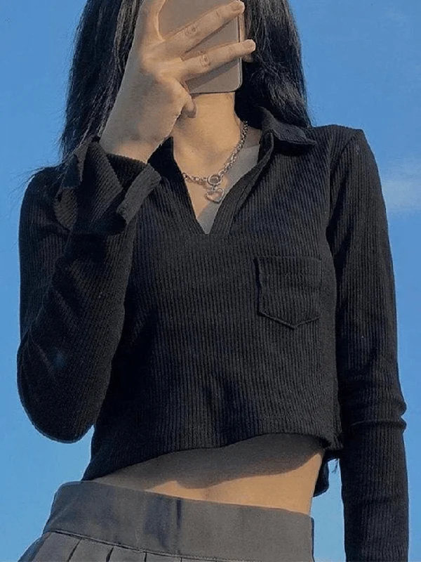 New Deals Long Sleeve Rib Knit Crop Top