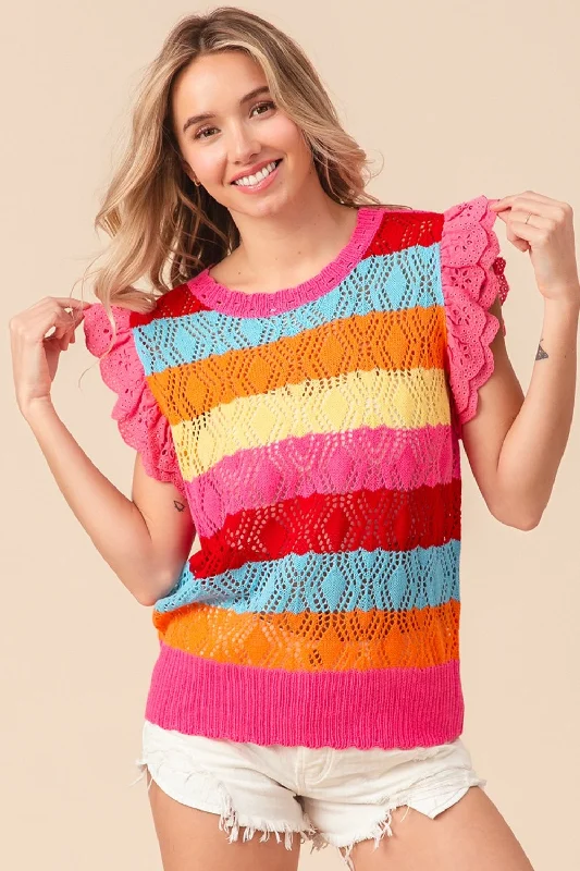 Lowest Price Pointelle Striped Ruffled Knit Top