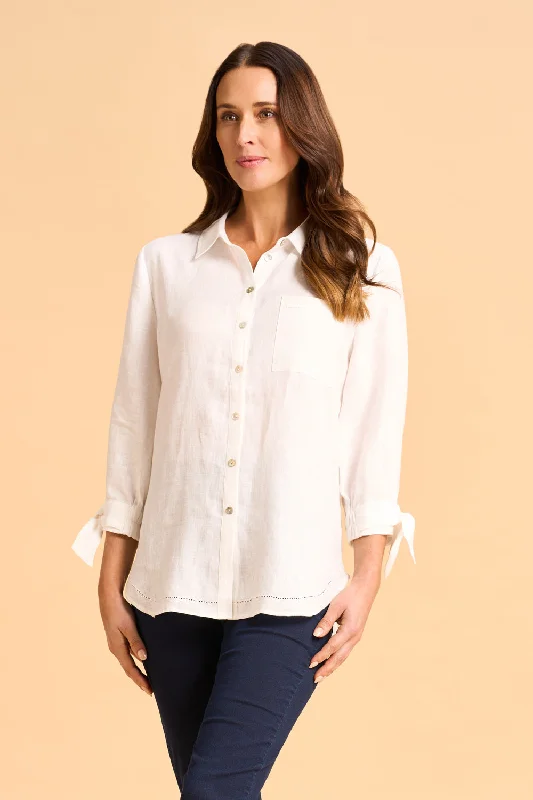Shop the Weekend Away Tie Sleeve Linen Shirt - White